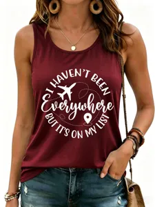 Casual women's tank top featuring a travel quote print, sleeveless scoop neck design.