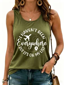 Casual army green tank top with travel quote print, ideal for summer casual daily wear.