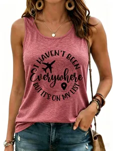 Detailed view of casual women's sleeveless tank top featuring a travel quote print design.
