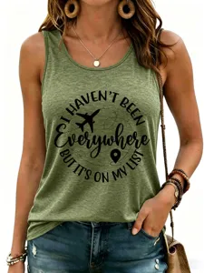 Women casual travel quote print tank top detail, stylish olive green sleeveless top shirt.