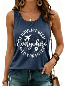 Travel quote print casual women's tank top featuring sleeveless design for daily wear.
