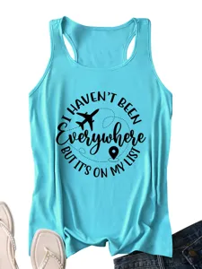 Detailed view of the light blue travel quote print racerback tank top, close-up texture.