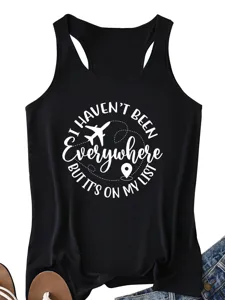 Casual black women racerback tank top with travel theme letter print for summer daily wear.