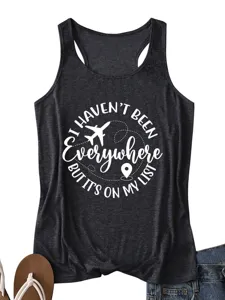 Women's dark grey travel slogan racerback tank top, casual comfortable summer top.