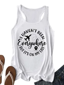 White casual women's racerback tank top with travel quote print for summer daily wear.