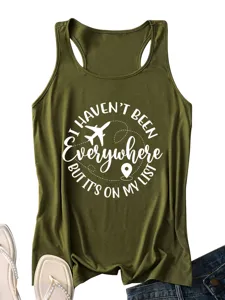 Women's olive green racerback tank top featuring a travel slogan print. Casual and versatile.