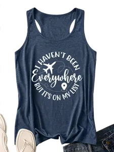 Casual women's letter print tank top, comfortable sleeveless summer top with travel quote.