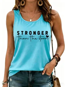 Detailed view of the casual blue women's tank top with motivational front typography.