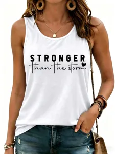 White racerback tank top featuring bold inspirational letter print, perfect for casual summer wear.