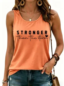 Close-up detail of casual orange women tank top featuring inspirational motivational text.