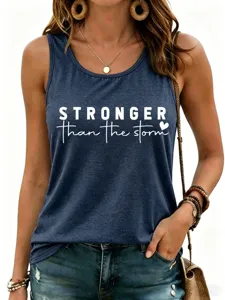 Women casual dark blue racerback tank top with inspiring slogan print for daily wear.