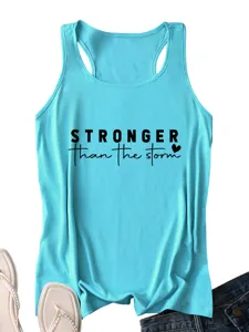 Women casual sleeveless racerback tank top with inspiring typography print for summer daily wear.