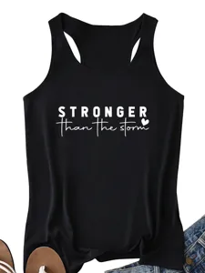 Detail view of casual black women racerback tank top featuring inspiring white text print.