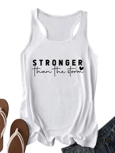 Casual white women's racerback tank top with inspirational print for daily wear.