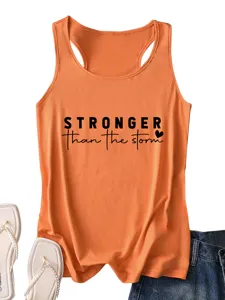 Orange women's casual racerback tank top featuring motivational text print and summer style.