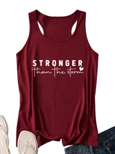 Women's casual maroon racerback tank top with inspiring stronger than the storm print.