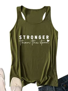 Olive green women's racerback tank top featuring stylish letter print for casual wear.