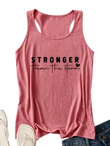 Detail view of the pink women tank top featuring stylish letter print and comfy fabric design.