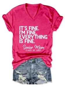 Women pink V-neck short sleeve t-shirt casual top with funny text print for senior mom.