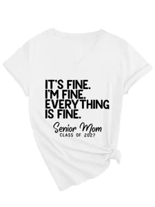Casual women's V-neck short sleeve graphic T-shirt with funny quote design for daily wear.