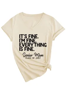 Women casual V-neck short sleeve T-shirt with funny letter print, comfortable everyday wear top.