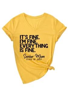 Yellow V-Neck Short Sleeve T-Shirt with Funny Letter Print Senior Mom Casual Top