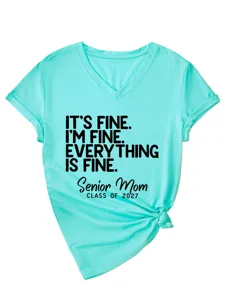 Casual mint green v-neck short sleeve t-shirt for women with funny quote print and side knot.