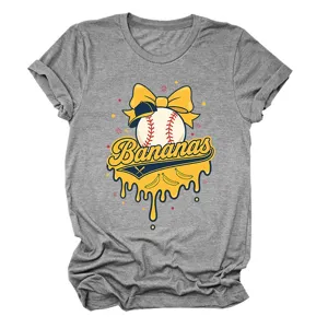 Lässiges graues Damen Kurzarm T-Shirt mit süßem Bananen Baseball Grafikprint Design.