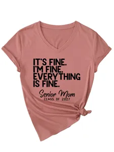 Women casual V-neck short sleeve graphic t-shirt with knot hem, comfortable daily wear top.