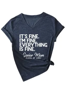 Women's V-neck short sleeve t-shirt with funny letter print, casual rolled sleeve knotted tee.