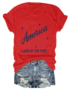 T-shirt femme rouge manches courtes col rond patriotique impression Amérique et denim