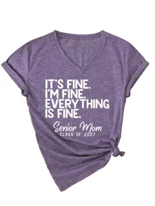 Women casual V-neck short sleeve t-shirt with funny quote print and trendy hem knot design.