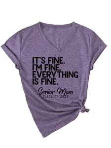 Women's V-neck short sleeve t-shirt with funny letter print casual summer top tee.