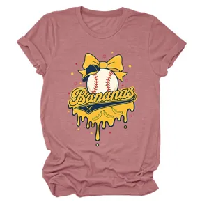 Lässiges Damen Kurzarm Rundhals T-Shirt mit süßem Baseball Bananen Grafik Print Top.