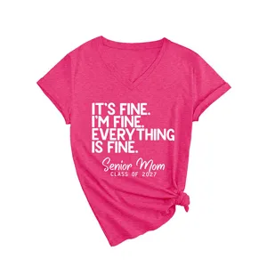 Women V-Neck Short Sleeve T-Shirt Casual Pink Tee Top with Funny Letter Print Size S-XXL