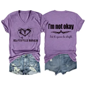 Damen violettes V-Ausschnitt Kurzarm T-Shirt lässiges Oberteil mit grafischem Druck und Shorts