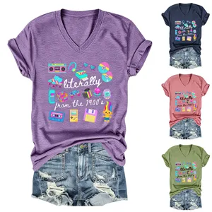 Γυναικείο vintage casual T-shirt με V λαιμόκοψη και κοντό μανίκι, μοντέρνα ρετρό μπλούζα.