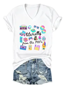 Γυναικείο ρετρό 90s γραφικό V-neck κοντομάνικο t-shirt casual καλοκαιρινό top στυλ