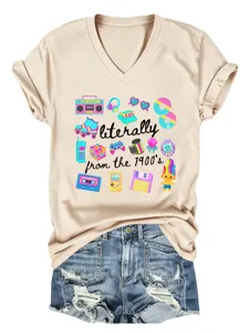 Vintage retro 90s casual mπεζ t-shirt με λαιμό V και κοντά μανίκια για γυναίκες μόδα