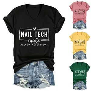 Women casual V-neck short sleeve t-shirt with nail tech graphic print daily wear tops.