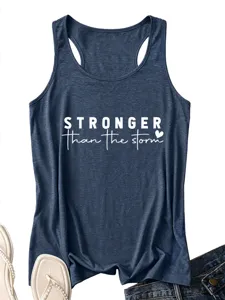Casual minimalist women's racerback tank top in dark blue with motivational front graphic print.