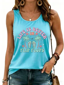 Turquoise women summer casual tank top featuring tropical flip flops print design.