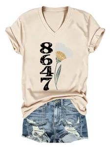 Damen lässiges V-Ausschnitt Kurzarm T-Shirt mit Nummer Blumen Print Beiges Oberteil