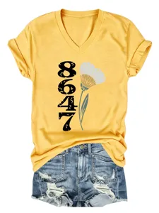Lässiges V-Ausschnitt Kurzarm-T-Shirt mit 8647 und Blumenmuster für den Sommer.