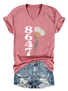 Damen lässiges V-Ausschnitt Kurzarm T-Shirt mit 8647 Blumen Grafik Druck Detail.