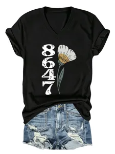 Damen lässiges V-Ausschnitt Kurzarm T-Shirt mit 8647 Blumen Muster Detailansicht.