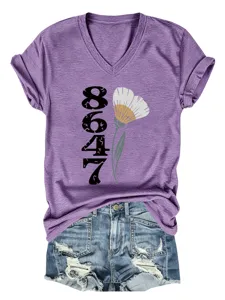 Lila V-Ausschnitt Kurzarm Damen T-Shirt Freizeit Oberteil mit 8647 Blumen Print Grafik