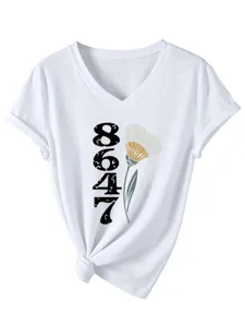 Lässiges weißes Damen V-Ausschnitt Kurzarm T-Shirt mit 8647 Grafikdruck für den Alltag im Sommer.