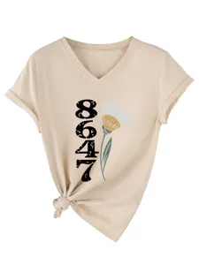 Damen lässiges V-Ausschnitt Kurzarm T-Shirt mit Nummer und Blumen Grafik Druck Design.