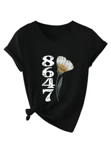 Lässiges Damen V-Ausschnitt Kurzarm T-Shirt mit 8647 Blumenmuster und modischem Knotendetail.